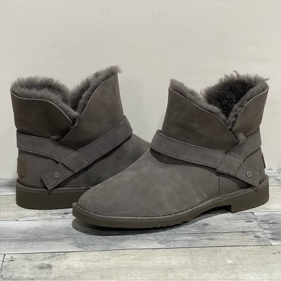 UGG Zariyah Boots Suede Shearling Ankle Booties - Charcoal Gray - Sz - 8.5
